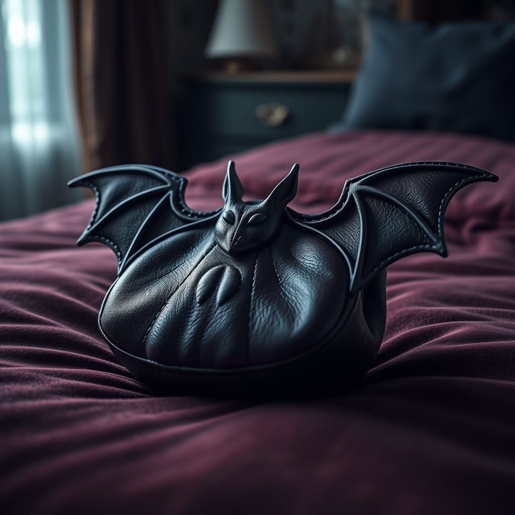 Hyperrealistic Bat Purse on Velvet Comforter