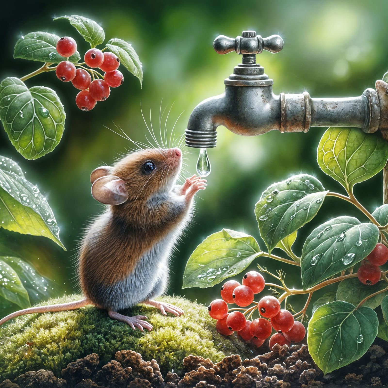 Mouse Reaches for Water in Lush Garden
