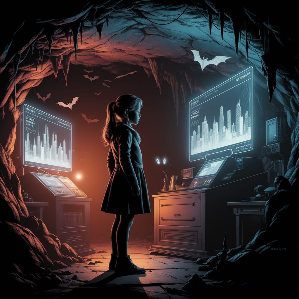 Girl in Cave with Hologram, Gothic Sci-Fi Style