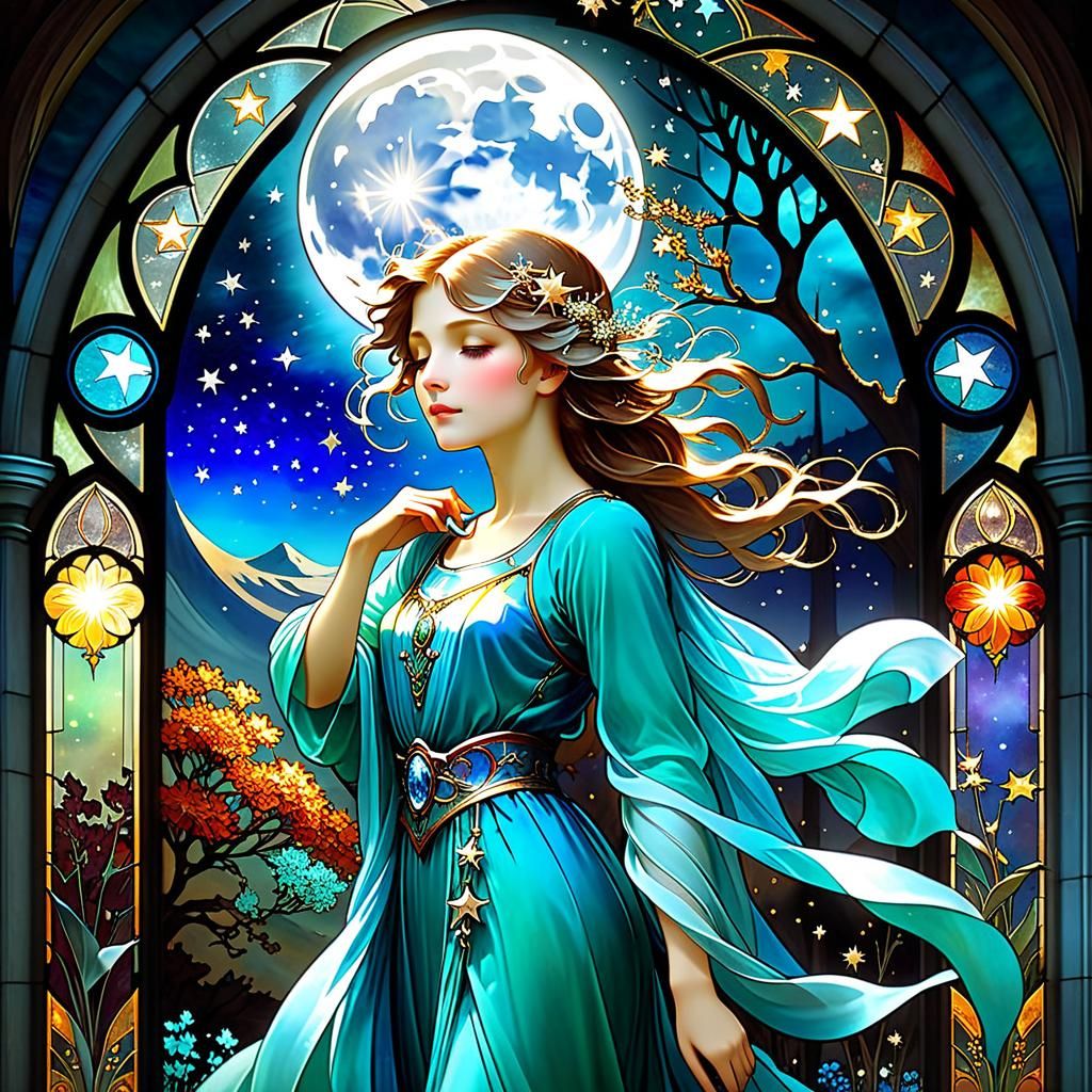 Stained Glass Night Sky in Art Nouveau Style