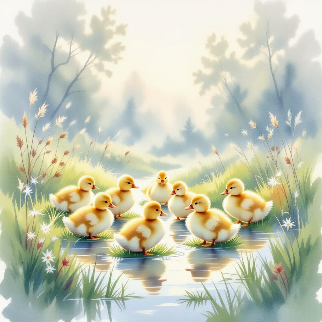 Ducklings in Meadow at Dawn Watercolor Painting