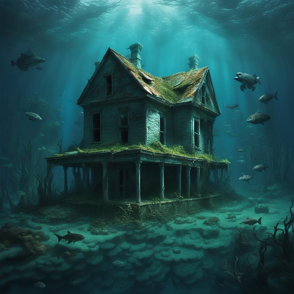 Sinister Underwater Abandoned House in Dark Fantasy Style