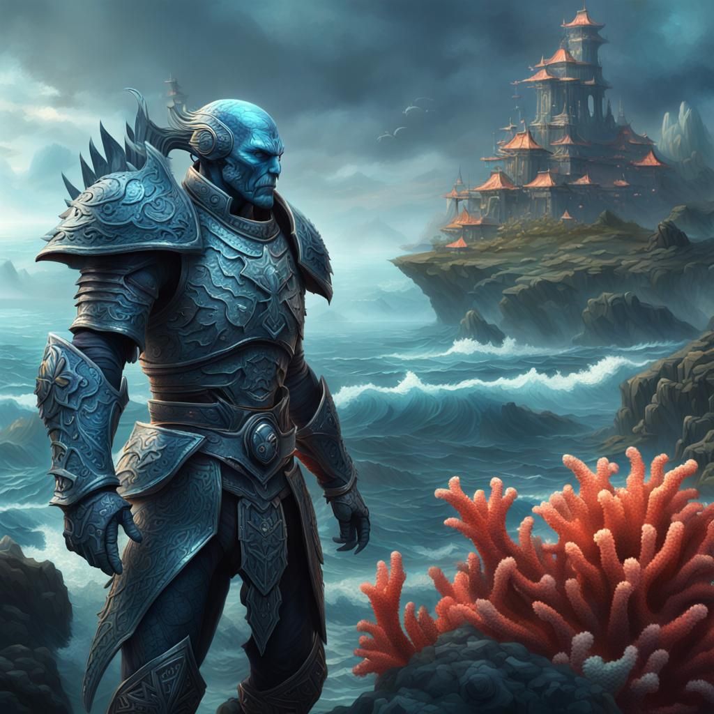 Dark Fantasy Sea Humanoid Fighter with Coral Armor