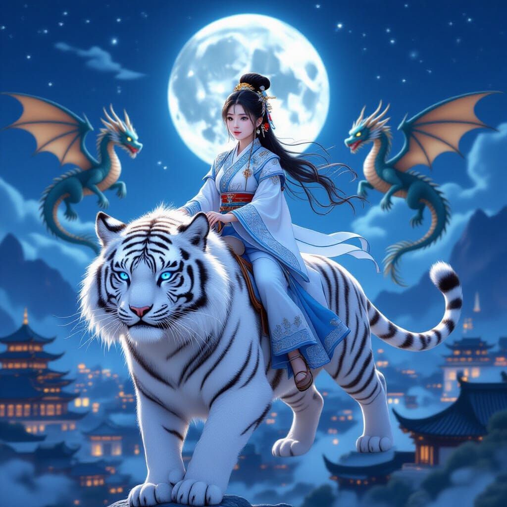 Girl in Hanfu Rides Winged Tiger Over City