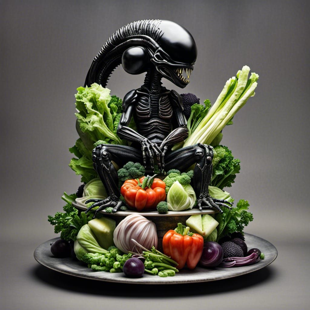 Alien space vegetable cake :: healthy alien salad cake three tier - with salad xenomorph sculpture on top