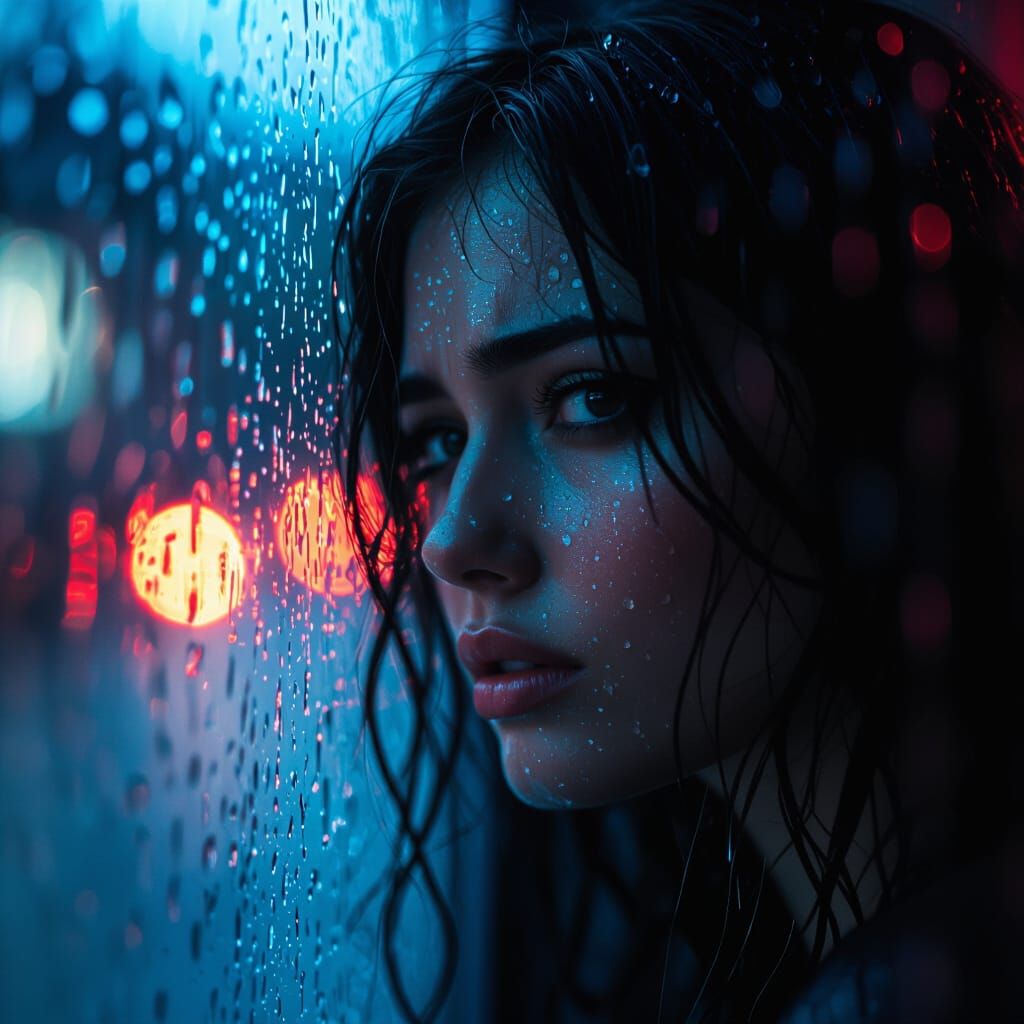 Film Noir Portrait of Sad Woman in Rainy Window