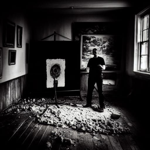 Artist in Abandoned Oil Painting Studio, Franz Kline Style
