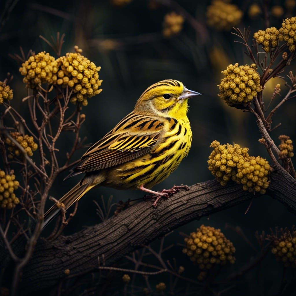 European Yellowhammer in Bush: Hyperrealistic Bird Portrait