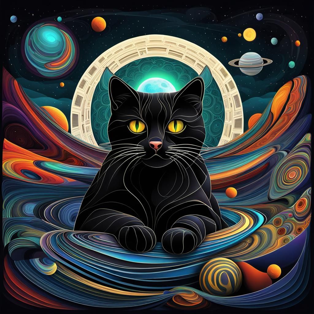 Cosmic Black Cat in Vibrant Space Noir