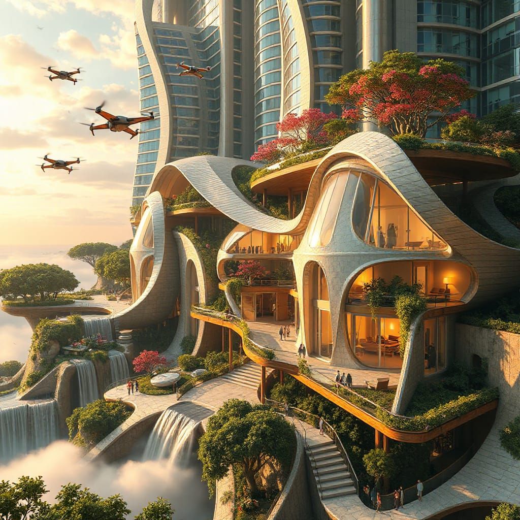 Surreal Futuristic City Blends into Nature in Art Nouveau St...