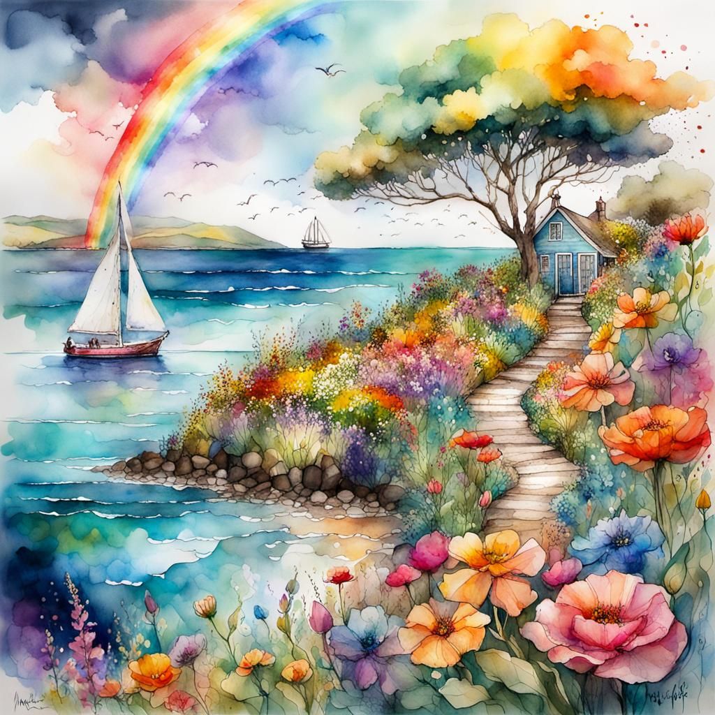 Coastal Garden with Rainbow, Digital Impressionist Painting