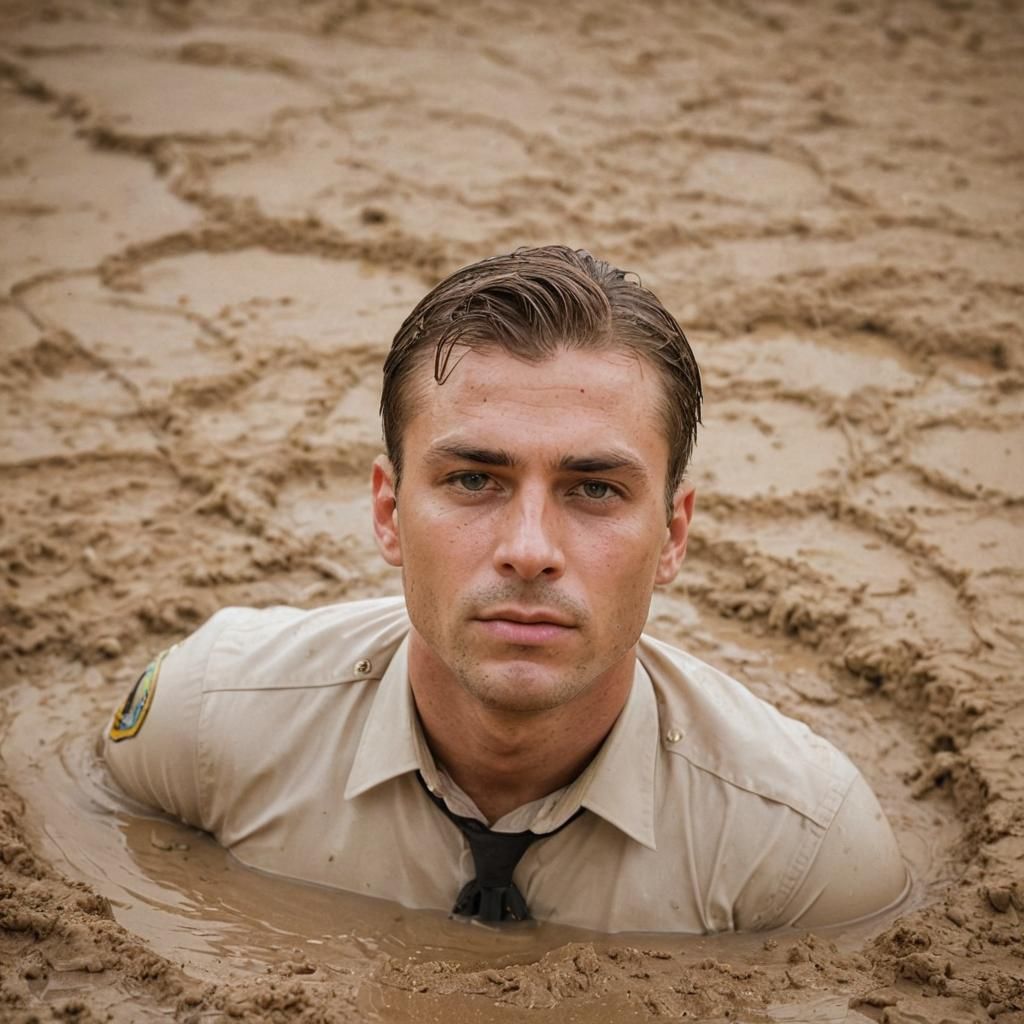 Male Police Officer Sinking in Quicksand Portrait