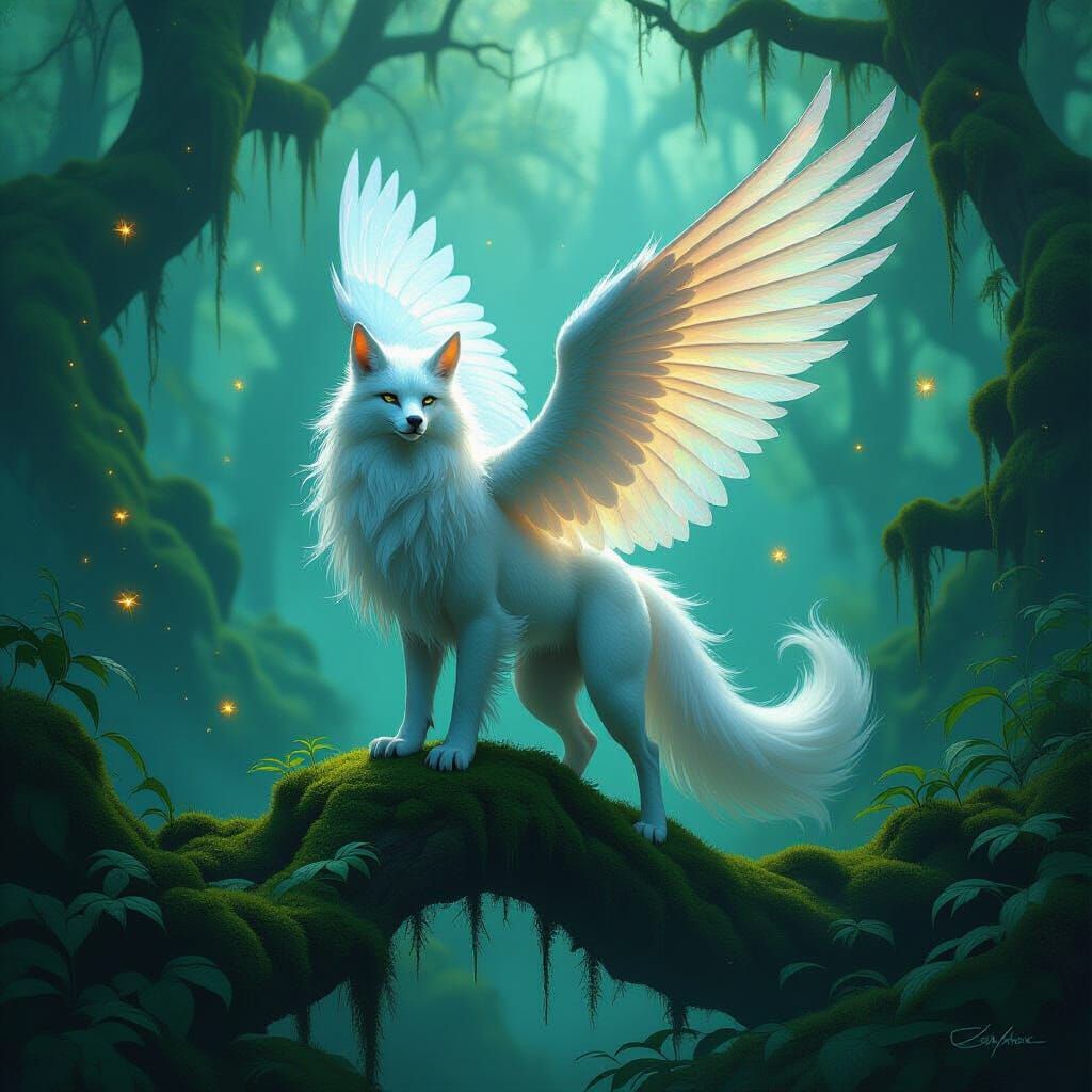 Winged Lion in Bioluminescent Forest: Impasto Painting