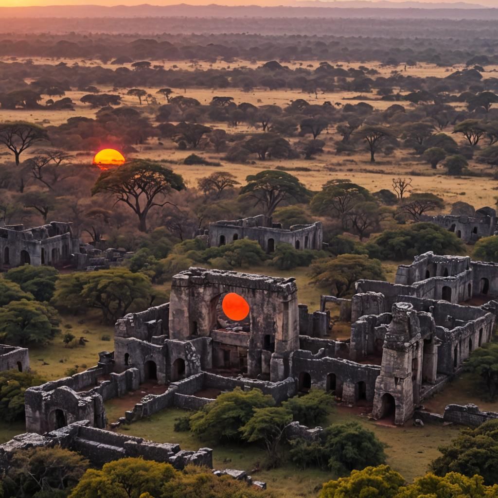 Zimbabwe Ruins at Sunrise with Red Sun
