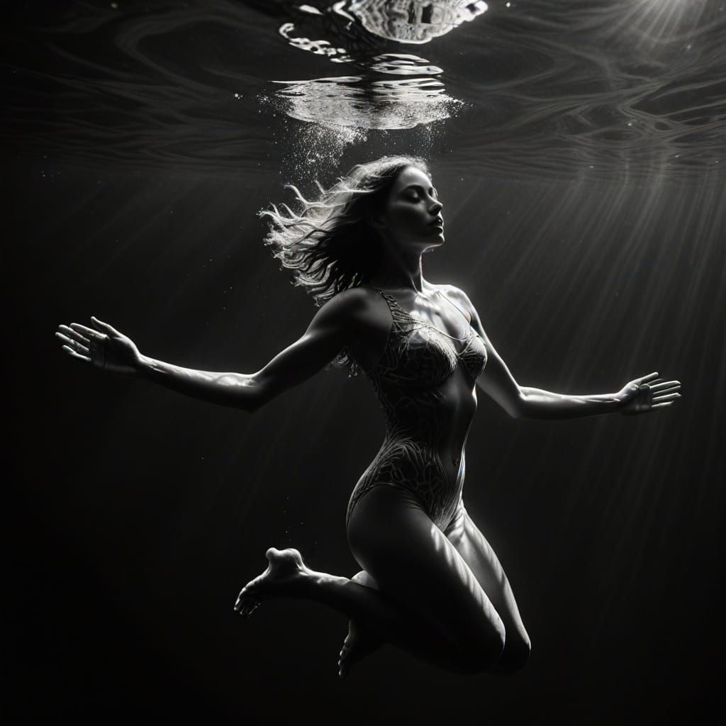 Ethereal Underwater Nude in High-Contrast Black and White