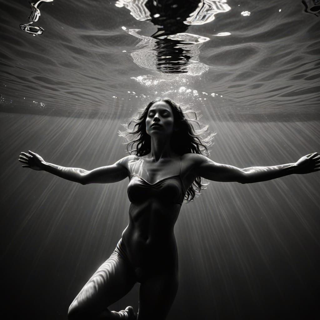 Ethereal Underwater Nude in High-Contrast Black and White