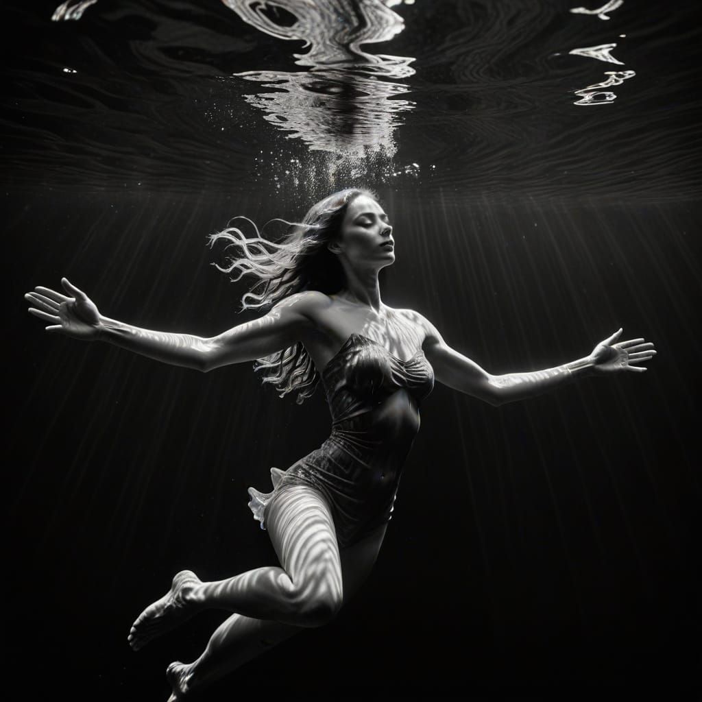 Ethereal Underwater Nude in High-Contrast Black and White