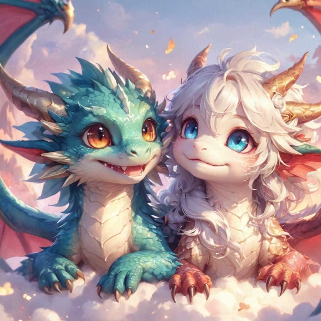 Adorable Mythical Dragons Resting: Anime-Inspired 3D Art