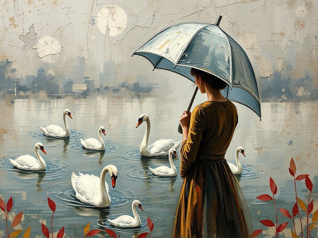 Weathered Lady Watches Swans in a Pond
