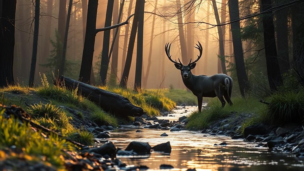 Wolf Watching Deer in Forest Stream