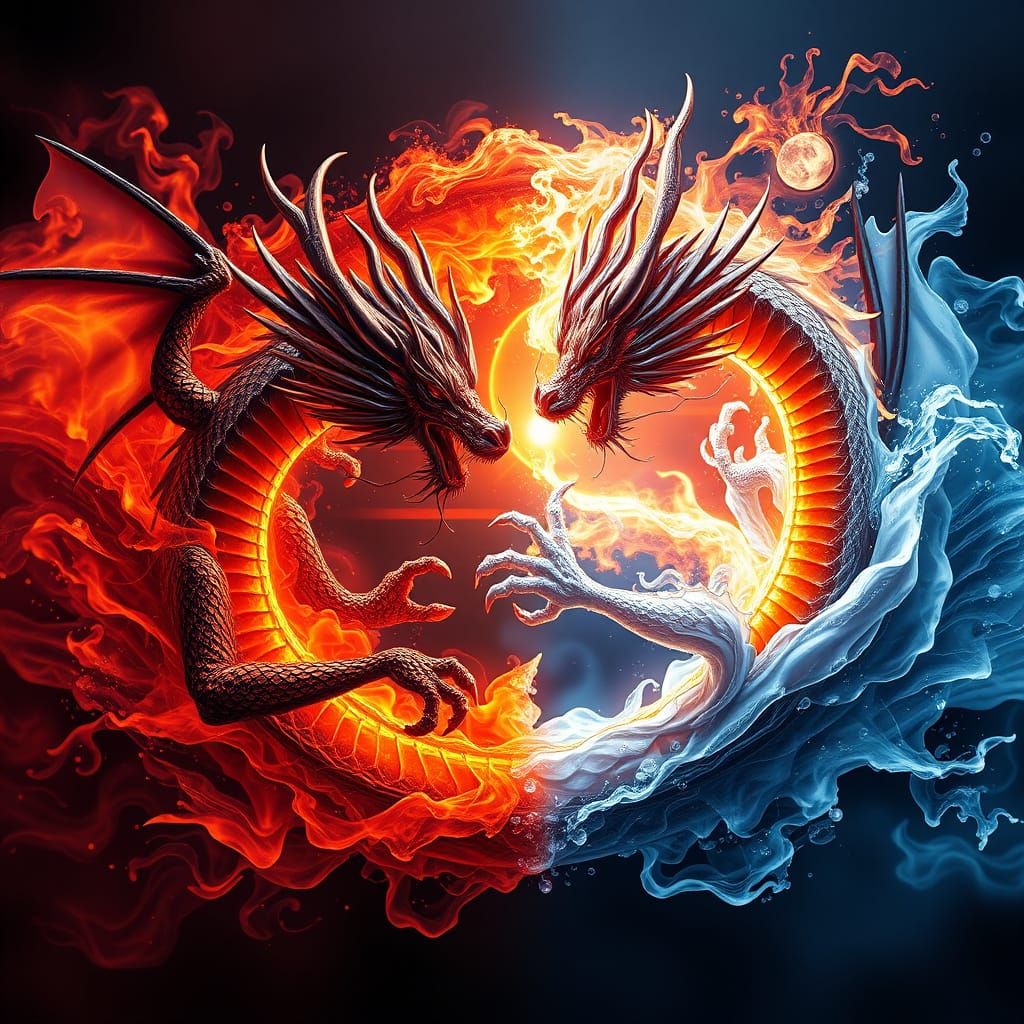 Dragons of Yin-Yang Balance in Vibrant Fantasy Art