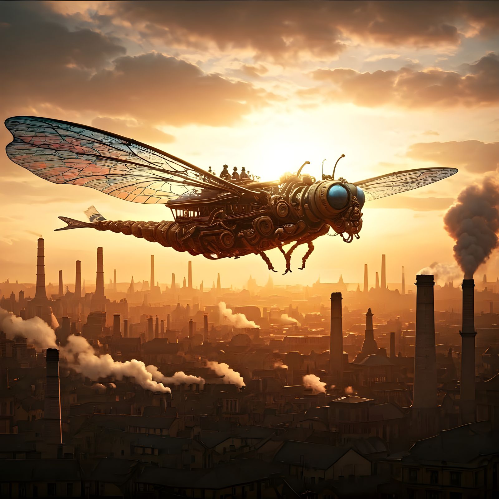 Steampunk Dragonfly Soaring Over City at Sunset