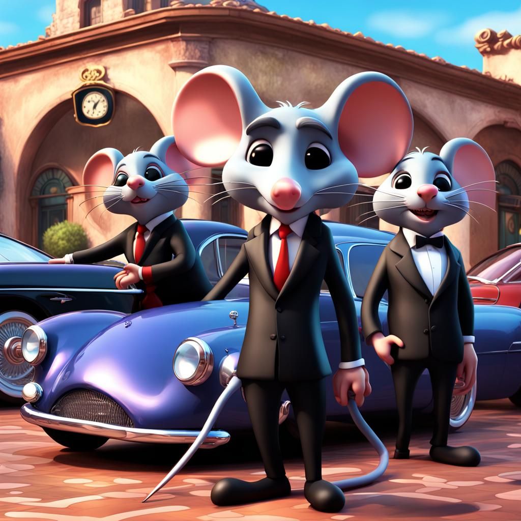 Cartoon Mafia Mice Outside Italian Restaurant in 3D