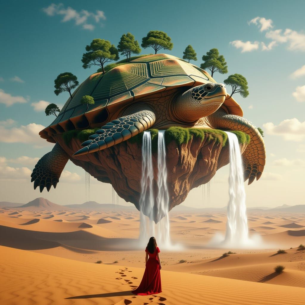 Floating Turtle Island Over Desert: Surreal Composition