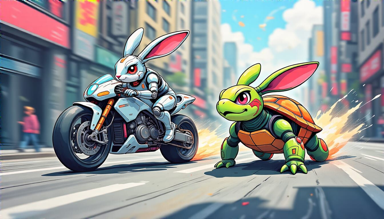 Cyborg Hare & Turbo Turtle Race in Vibrant City