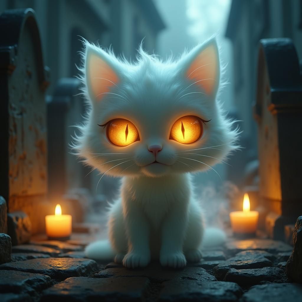Ethereal Cat Ghost in Dark Academia Style