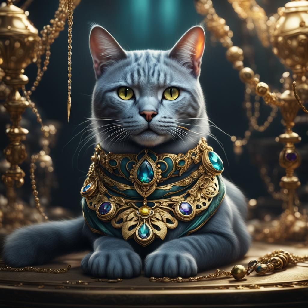Hyperrealistic Cat Wearing Jewelry in Detailed Matte Paintin...