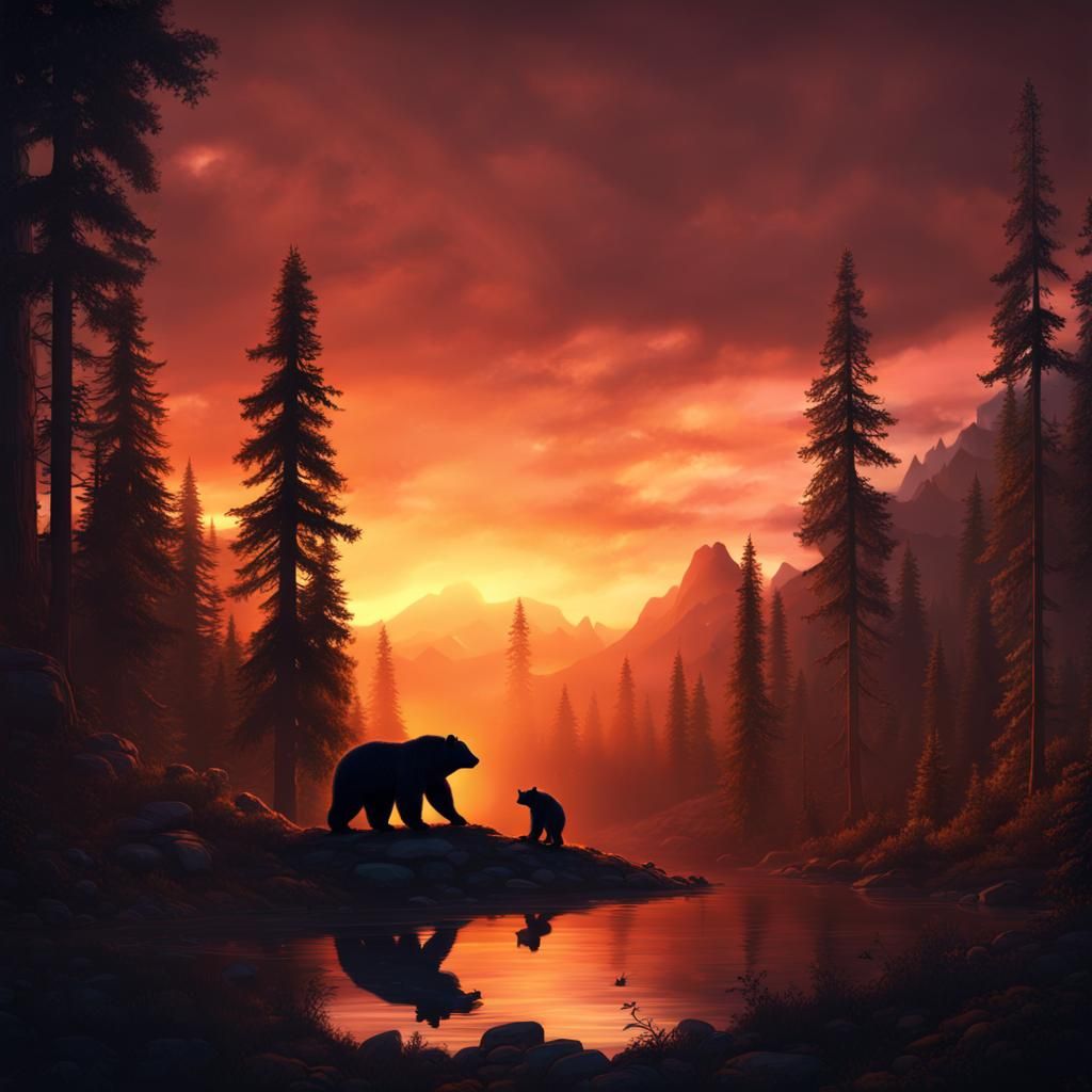 Bear Silhouette Mountain Sunset: Matte Painting