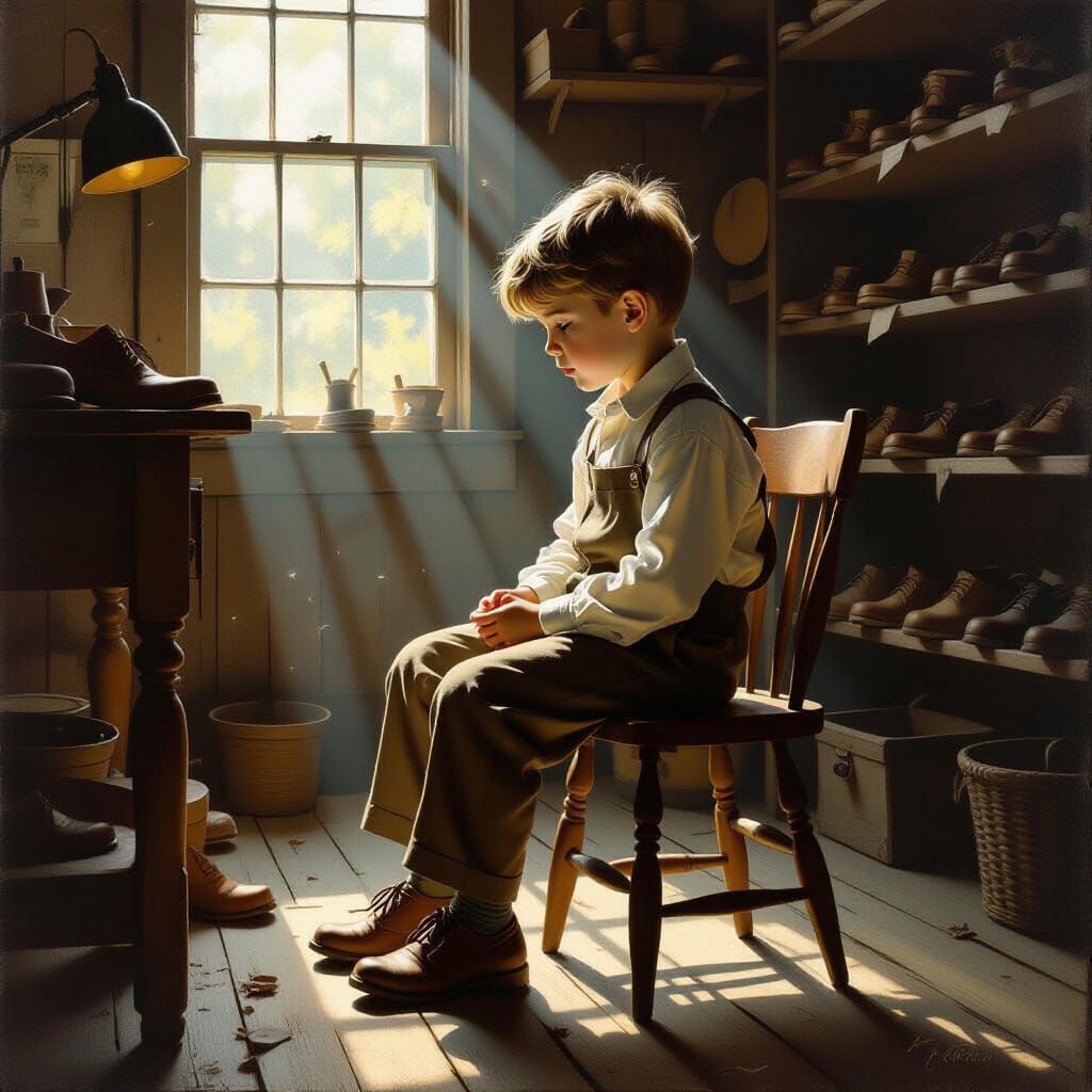 Boy in Dim Workshop with Cobbler's Tools