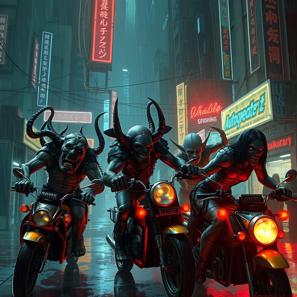 Cyberpunk Demons Clash in a Gritty, Rain-Soaked Arena