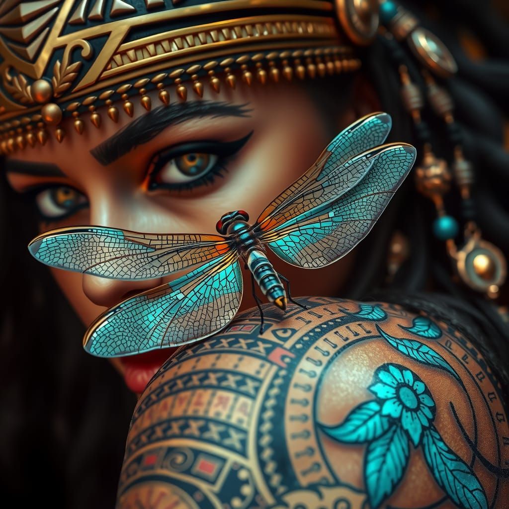 " dragonfly resting on the 'shoulder'  of an Aztec girl warr...