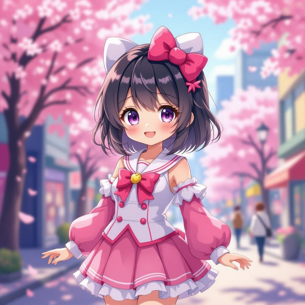 Kawaii Anime Girl with Hello Kitty Style in Cityscape