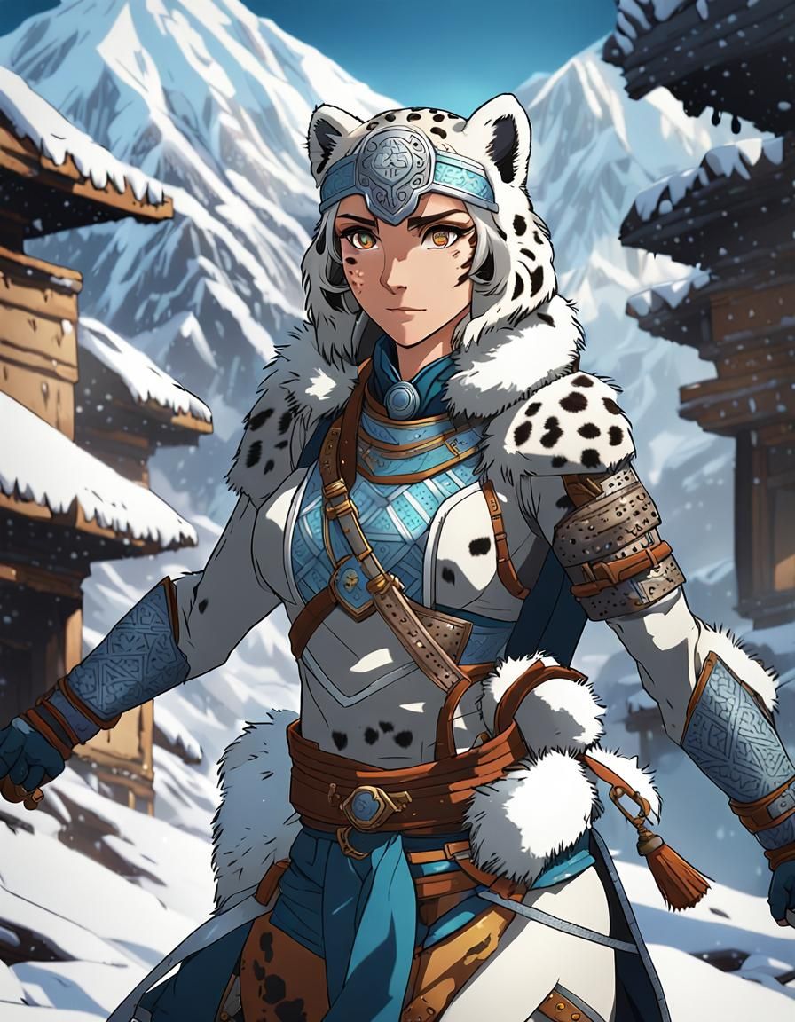 Anime Snow Leopard Warrior in Himalayas