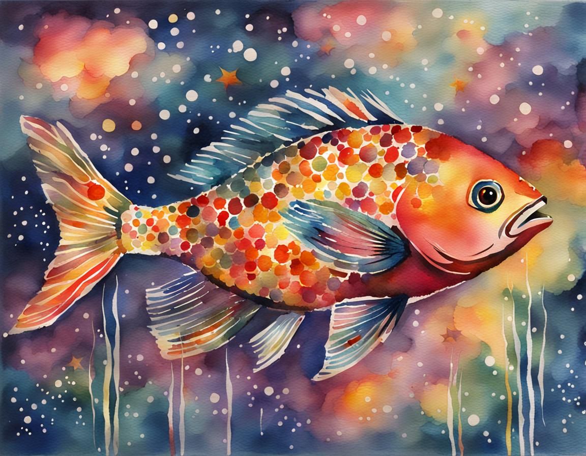 Impressionist Watercolor of Fireworks Fish in Night Sky