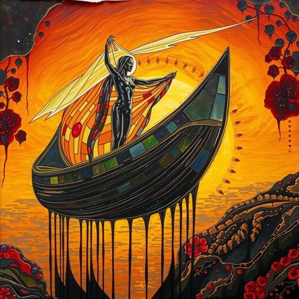 Surrealist Canoe Goddess in Warm, Vibrant Colors