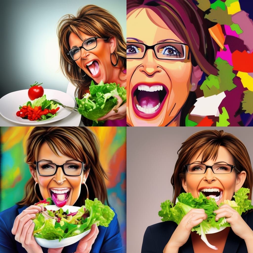 Hyperrealistic Sarah Palin Laughing Eating Salad