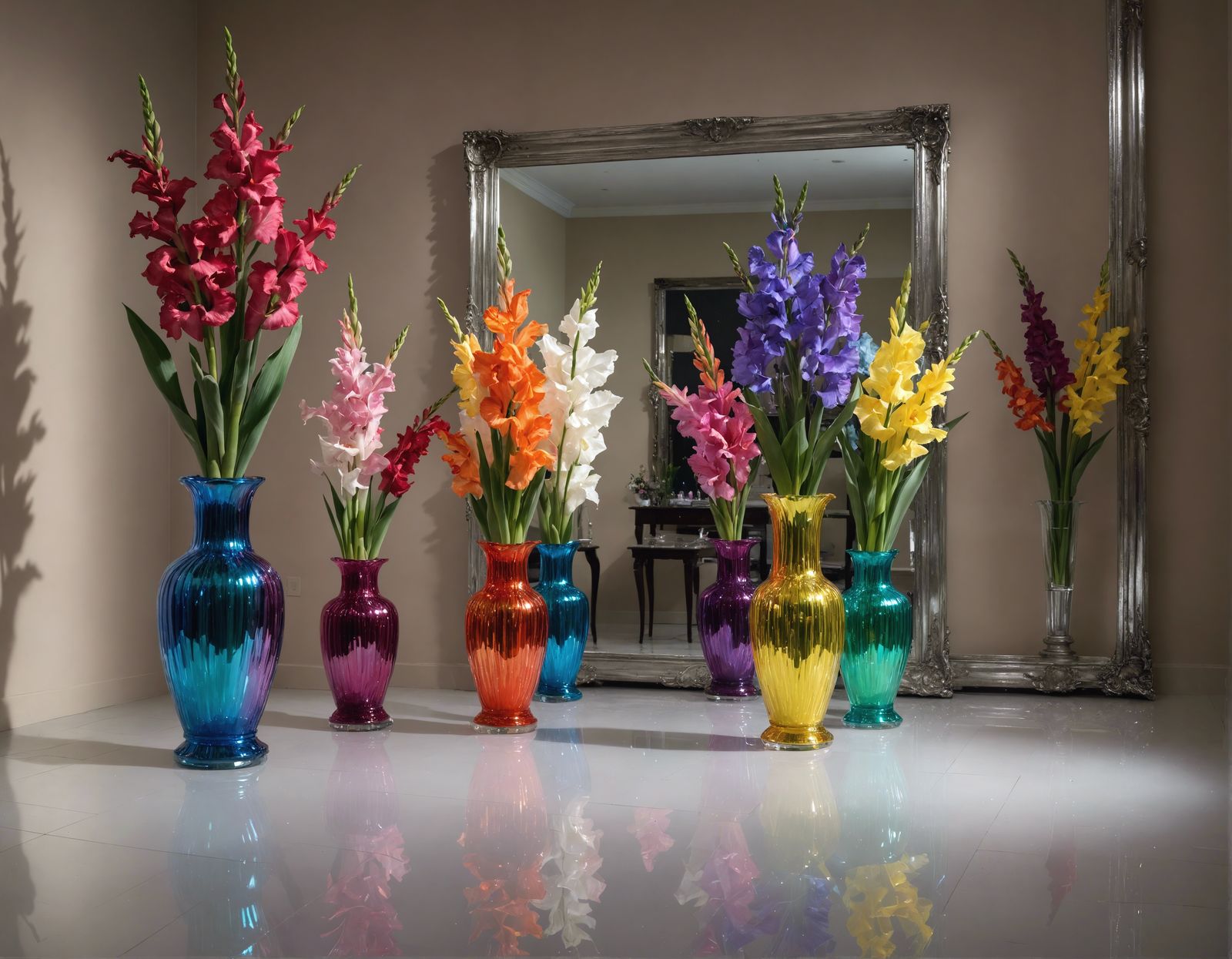 Rainbow Gladiolas in Crystal Vases: Hyperrealistic Splash Ar...