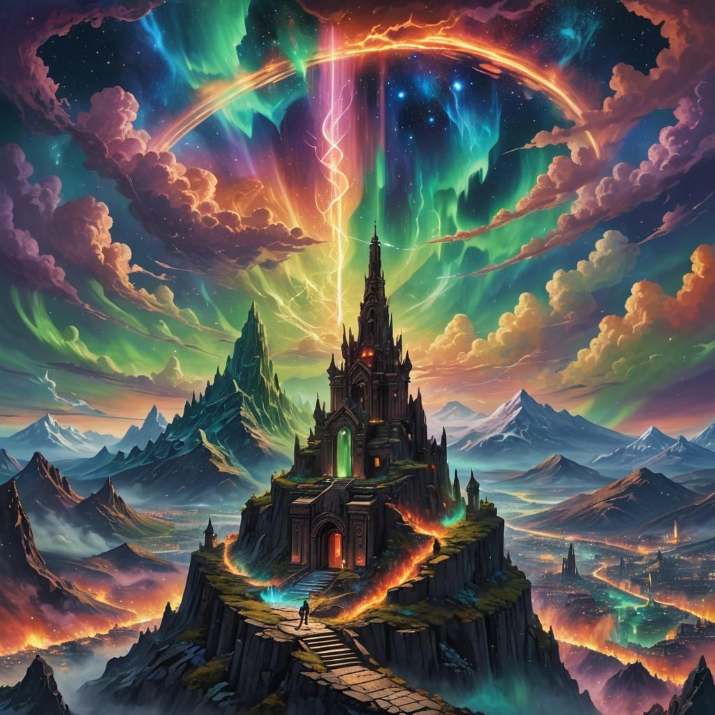 Cosmic Being Overlooks Ruined Cityscape in Dramatic Lighting