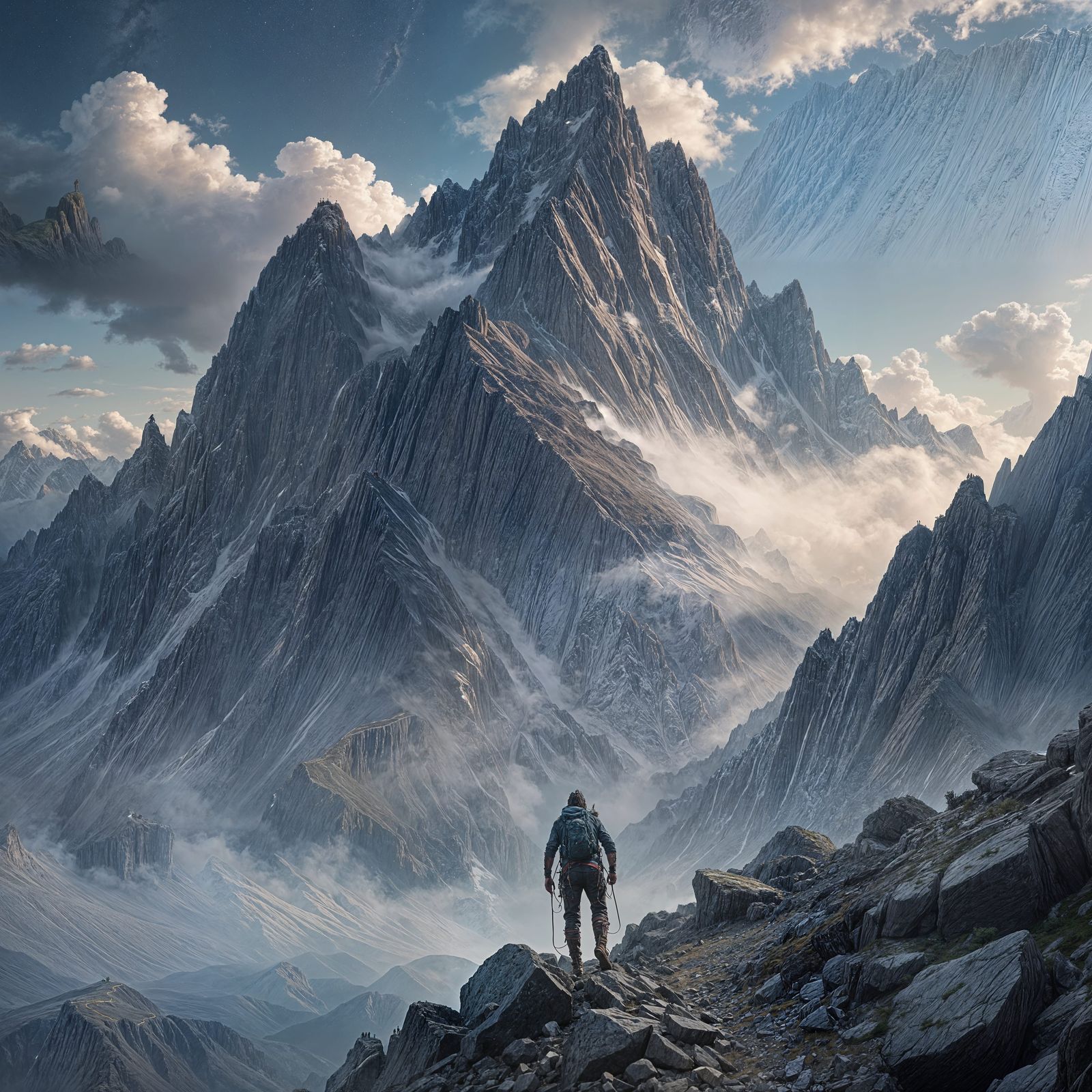 Climber Ascends Rocky Mountain in Stormy Weather