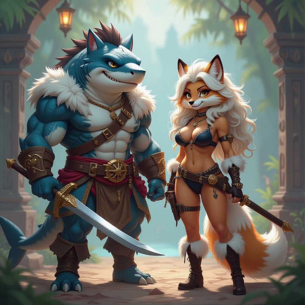 Anthropomorphic Shark, Fox, and Lioness in Anime Style