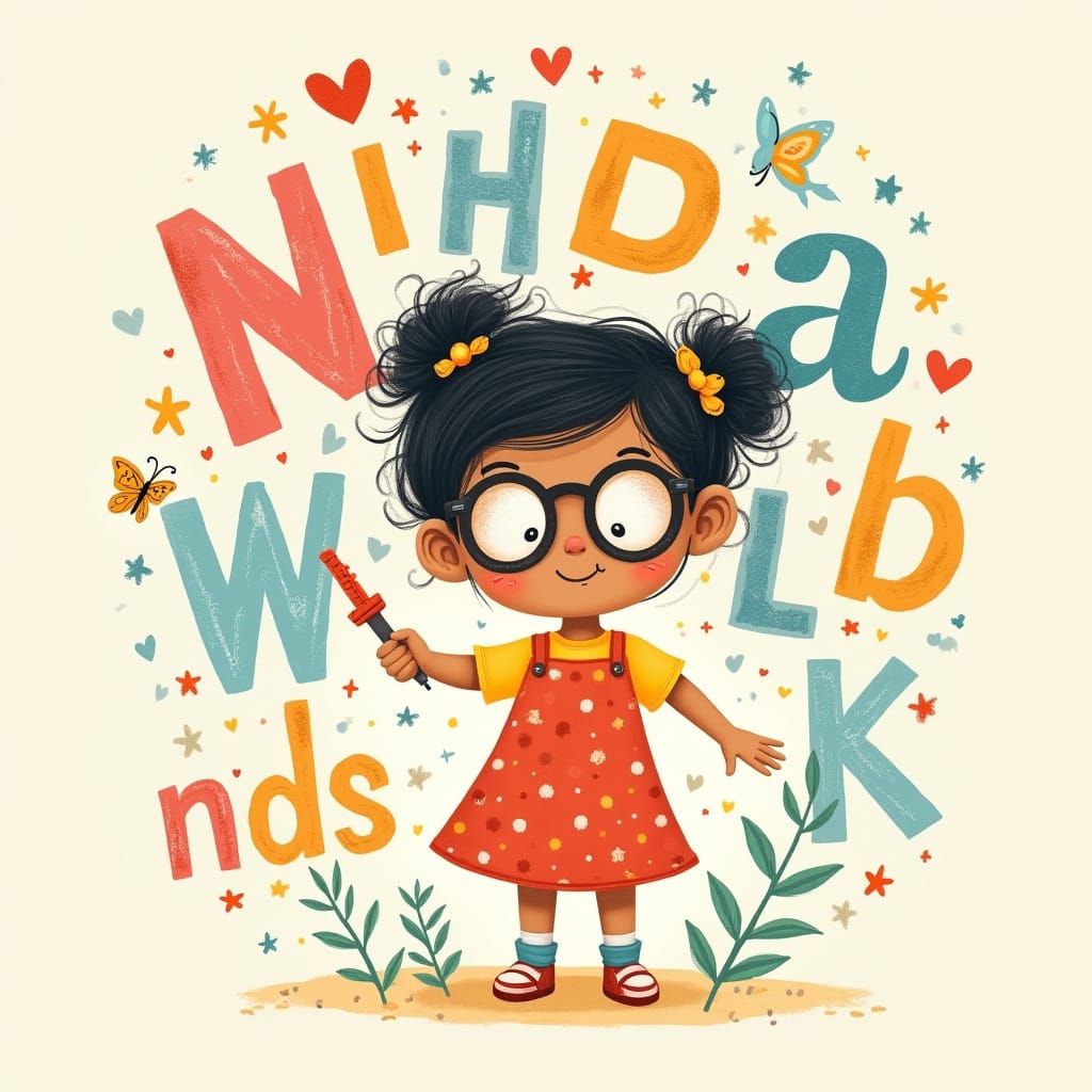 Colorful Girl with Glasses and Pencil in Whimsical Lettering...
