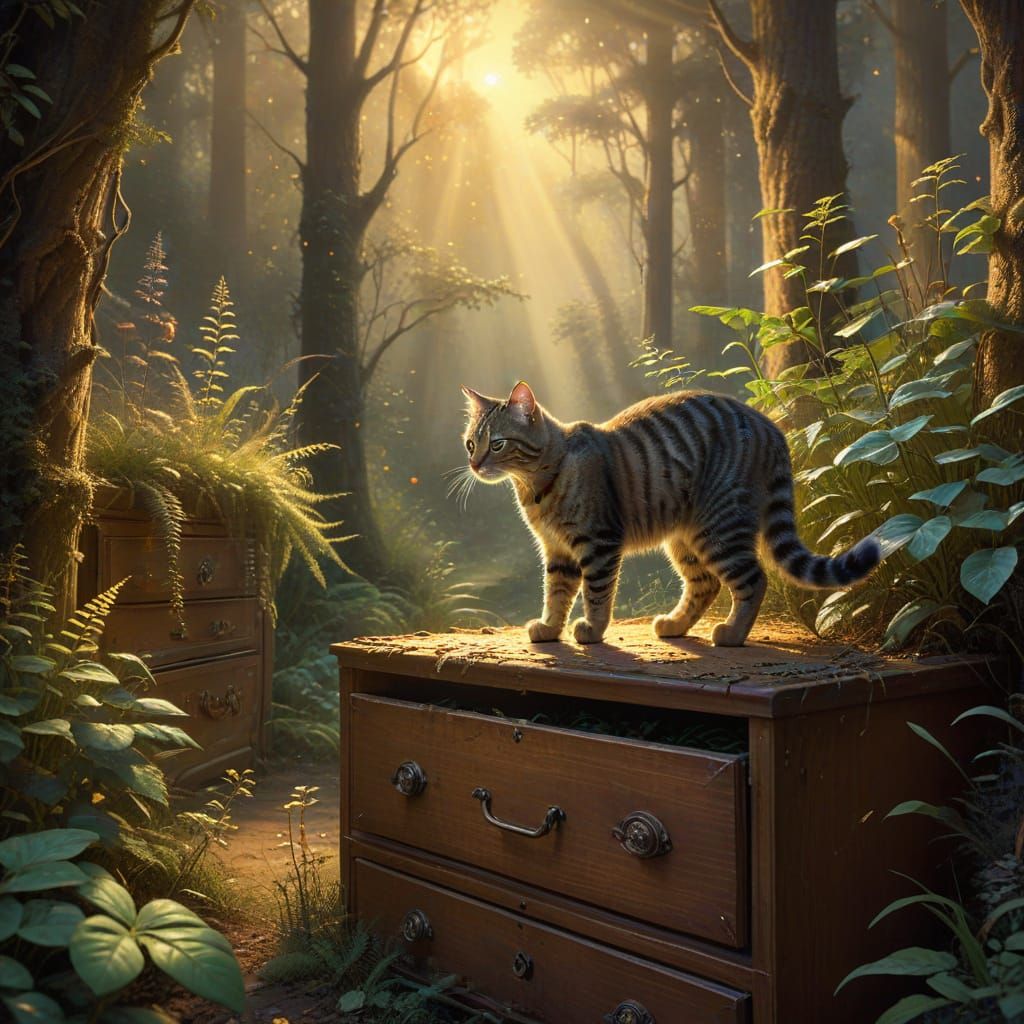 Whimsical Tabby Cat Forest Adventure