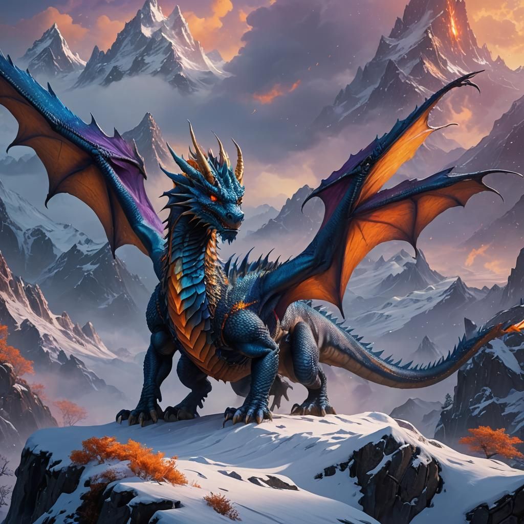 Blue Dragon on Snow Mountain: Fantasy Art