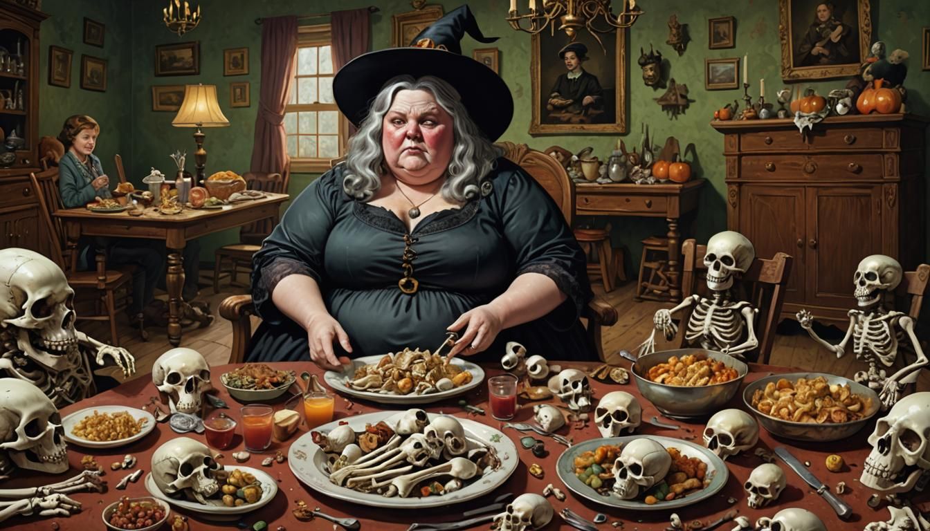 Overweight Witch with Bones, Digital Art