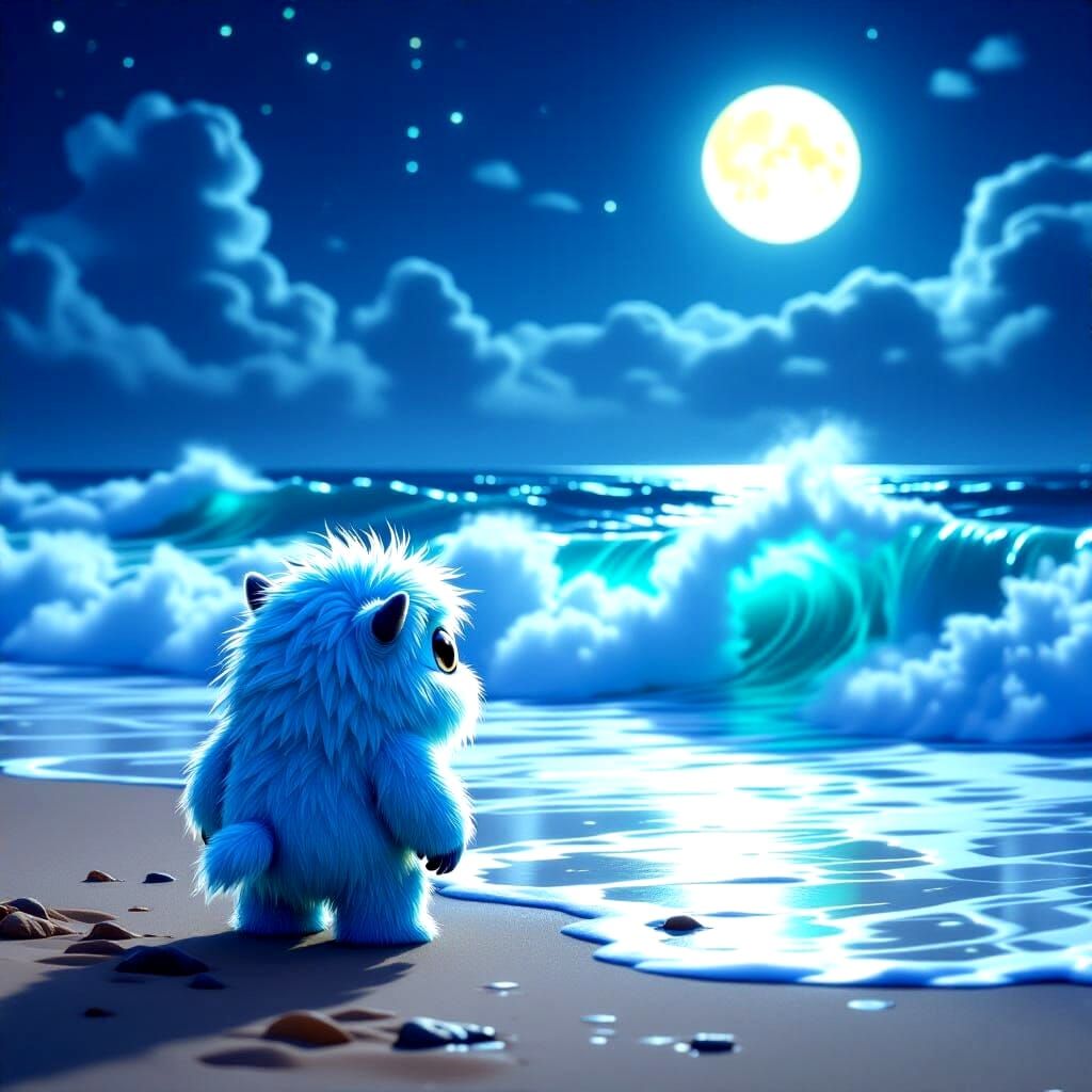 Fluffy Monster Watching Bioluminescent Waves on Beach