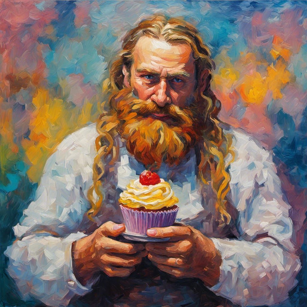 Norse God Holding Cupcake in Impressionistic Style
